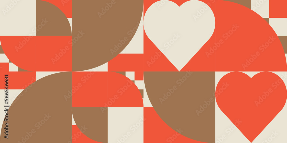 Poster Romantic vector abstract  geometric background with hearts, circles, rectangles and squares  in retro Scandinavian style. Pastel colored simple shapes graphic pattern. Abstract mosaic artwork.