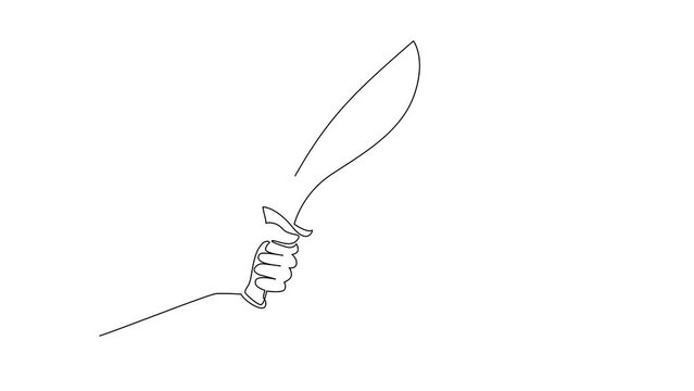 Animated self drawing of single continuous line draw man hand hold machetes knife with curved blade. Machete agricultural instrument or weapon engraving style icon. Full length one line animation