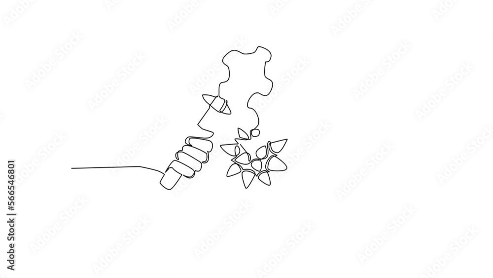 Poster animated self drawing of continuous line draw hand holding flail with spiked ball. medieval weapon -