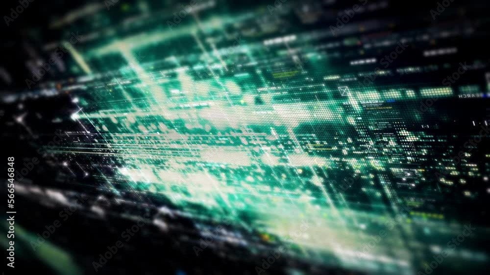 Fototapete Futuristic abstract de-focus data matrix, meta, metaverse, telemetry and encrypt numbers display with particles simulation in cyber space environment for head up display background
