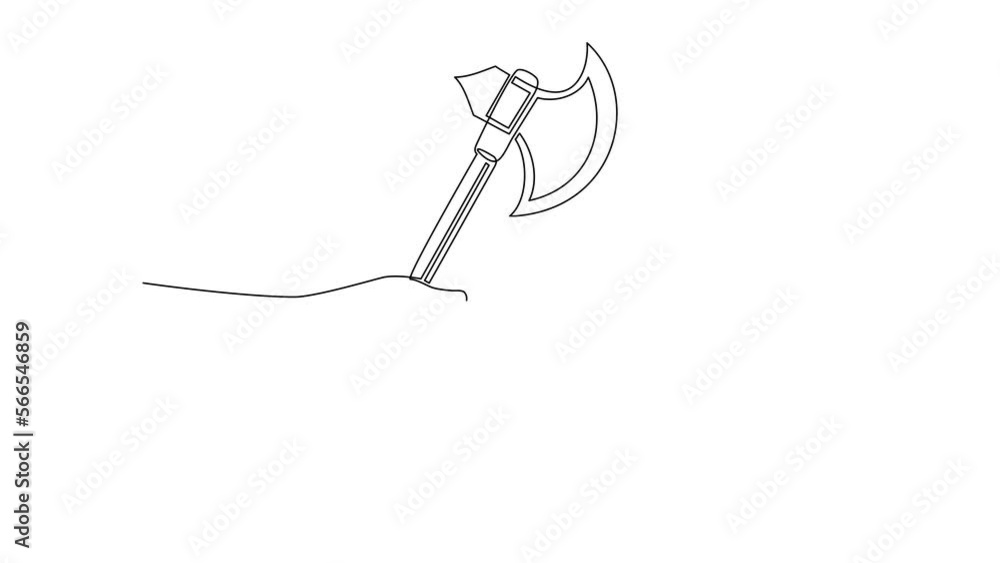 Poster animated self drawing of continuous line draw hand holding battle axe with handle. broad axe, execut