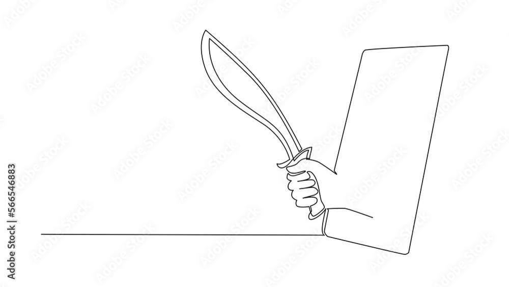 Poster animated self drawing of continuous line draw hand hold machetes knife with curved blade through mob