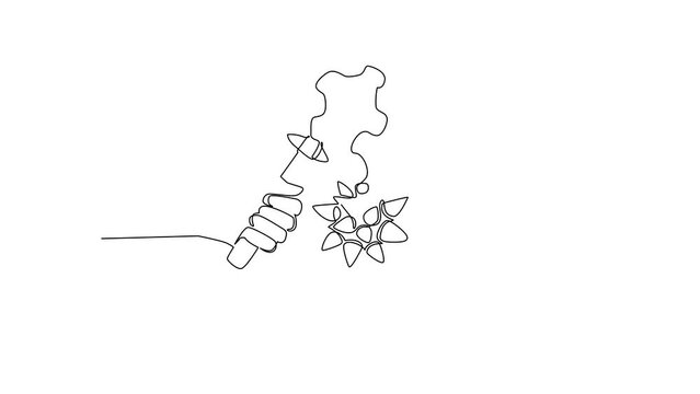 Animated self drawing of continuous line draw hand holding flail with spiked ball. Medieval weapon - spiked metal ball with chain, wooden handle. Knight equipment. Full length single line animation