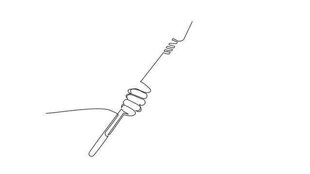Animated self drawing of continuous line draw man hand holding ancient stone age spear hunting and military weapon of prehistoric man. Primitive culture stone tool. Full length single line animation