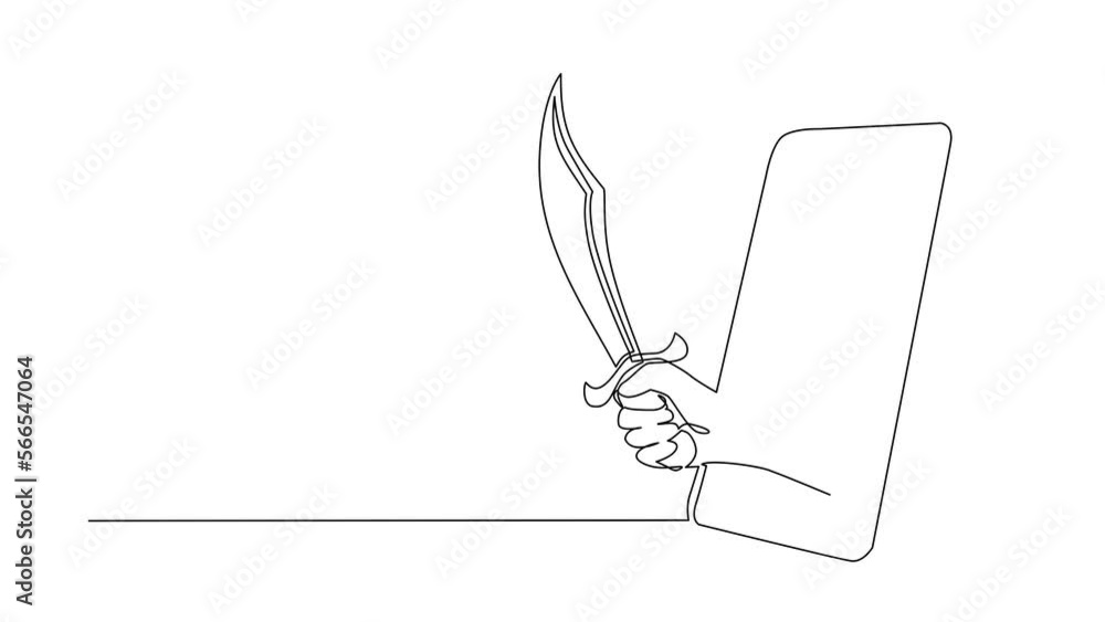 Poster animated self drawing of continuous line draw hand hold sword warrior through mobile phone. concept 
