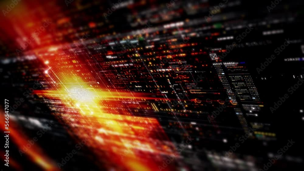 Fototapete Futuristic abstract de-focus data matrix, meta, metaverse, telemetry and encrypt numbers display with particles simulation in cyber space environment for head up display background