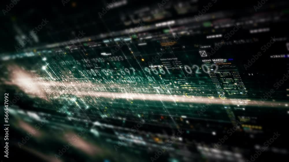 Fototapete Futuristic abstract de-focus data matrix, meta, metaverse, telemetry and encrypt numbers display with particles simulation in cyber space environment for head up display background