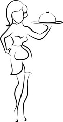 A lovely waitress is happy to work in a restaurant. Black outline. symbols, logo.