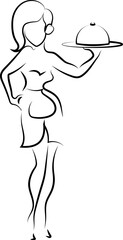 A lovely waitress is happy to work in a restaurant. Black outline. symbols, logo.