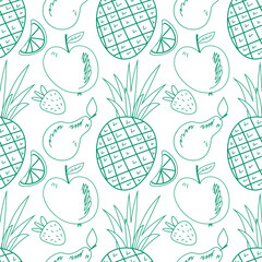Fruit and berry background, abstract food seamless pattern. Fresh fruits wallpaper with apple, strawberry, line icons. Vegetarian grocery vector illustration, green white color. EPS