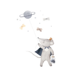 Cute mouse with balloon, butterfies and stars. Watercolor hand drawn illustration. Can be used for kid poster or card. Isolated background. © bukhavets