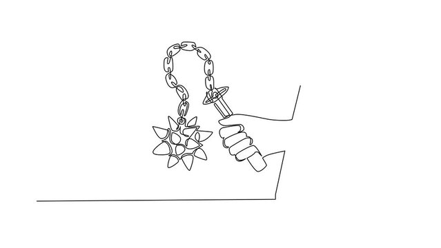 Animated self drawing of continuous line draw hand holding flail with spiked ball through mobile phone. Concept of video games, e-sport, application for smartphones. Full length one line animation