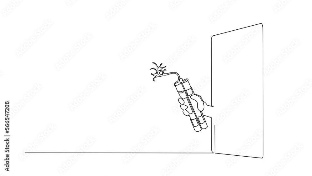 Poster animated self drawing of continuous line draw hand holding dynamite through mobile phone. concept of