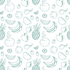 Fruit and berry background, abstract food seamless pattern. Fresh fruits wallpaper with apple, banana, strawberry, watermelon, line icons. Vegetarian grocery vector illustration, green white color