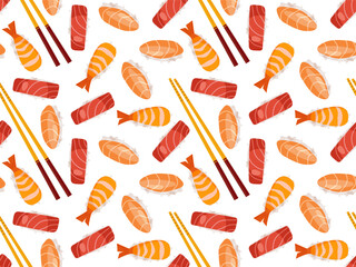 Seamless Japan food pattern. Fresh sushi set With Chopstick isolated on white background. Sushi with rice ball and shrimp, salmon, tuna. Repeated vector for wallpaper, textile, wrapping, scrapbooking