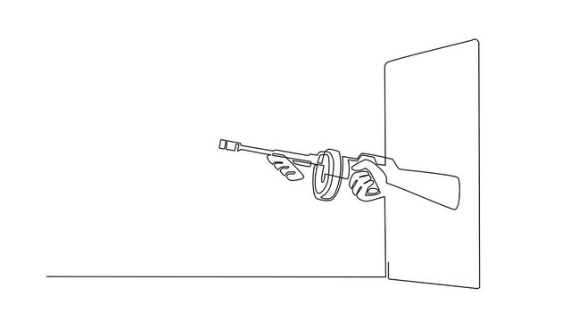 Animated self drawing of continuous line draw hand holding Thompson submachine gun through mobile phone. Concept of mafia games, e-sport, application for smartphones. Full length one line animation
