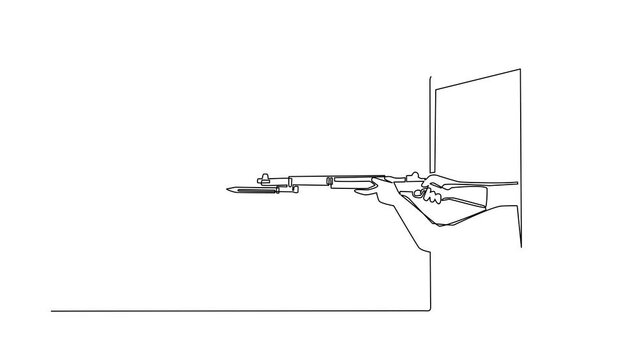 Animated self drawing of continuous line draw hand holding rifle with attached bayonet through mobile phone. Concept of warfare games, e-sport, app for smartphones. Full length one line animation