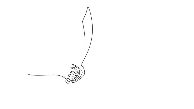 Animated self drawing of single continuous line draw hand holding cutlass pirate saber. Pirates curved sword. Corsair's blade. Weapon of the warrior of the seas. Full length one line animation