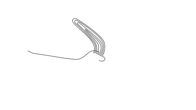 Self drawing animation of single line draw hand holding boomerang, aboriginal hunting tool from Australia. Traditional souvenir, Australian native symbols. Continuous line draw. Full length animated