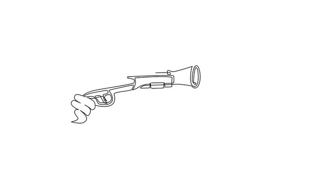 Animated self drawing of continuous line draw hand holding old pistol. Flintlock handgun weapon pistol antique. Military flintlock wooden retro pirate. Vintage firearm. Full length one line animation