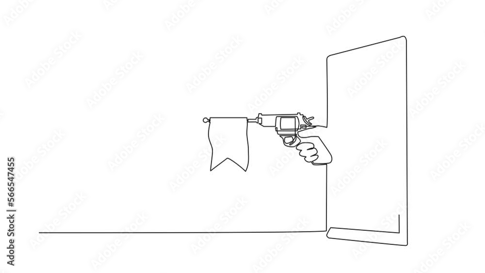Poster animated self drawing of continuous line draw hand holding toy gun pistol with empty flag through mo