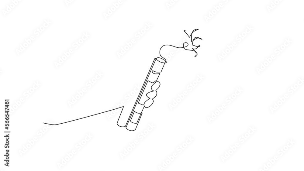 Poster animated self drawing of continuous line draw hand holding dynamite. dynamite bomb with burning wick