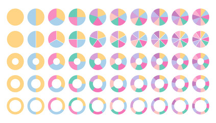 Circular structure chartdivided into multicolor segments. Circle graph. Ring section template. Pie diagram. Set schemes with sectors. Piechart with segments and slices. Vector illustration