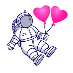 
Astronaut in love congratulates with heart-shaped balloons. Vector isolated cartoon illustration isolated on white background.