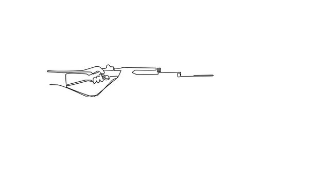 Animated self drawing of continuous one line draw hand holding M1 garand semi-automatic rifle with knife bayonet. British military action rifle with attached bayonet. Full length single line animation