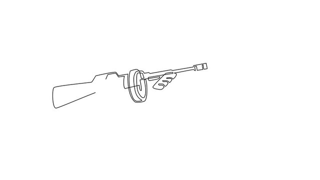 Animated self drawing of continuous line draw hand holding tommy gun. Thompson submachine gun weapon. Mafia or gangster submachine gun. Emblem icon for e-sport team. Full length single line animation