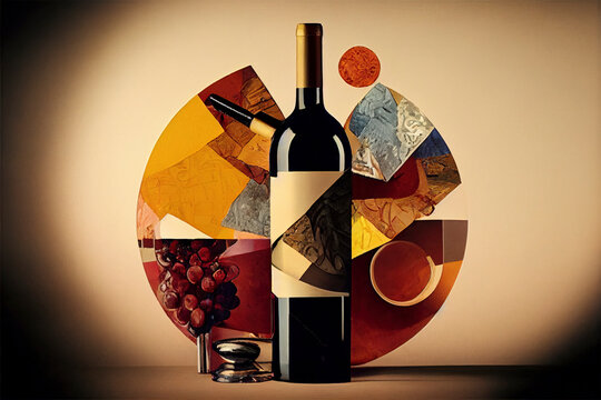 Abstract Art Vector Background Collage art deco illustrations of a bottle of wine and friends