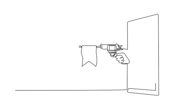 Animated self drawing of continuous line draw hand holding toy gun pistol with empty flag through mobile phone. Concept games, e-sport, application for smartphones. Full length single line animation