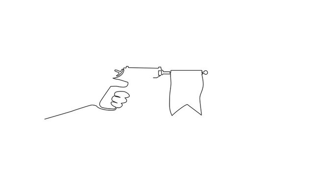 Animated self drawing of continuous one line draw hand holding shooting toy gun pistol with empty flag. Weapon pistol toy isolated. Element of joke surprise day icon. Full length single line animation