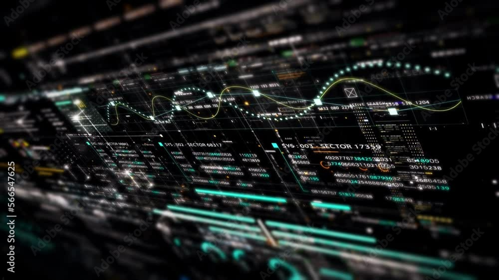 Aufkleber Futuristic abstract de-focus data matrix, meta, metaverse, telemetry and encrypt numbers display with particles simulation in cyber space environment for head up display background