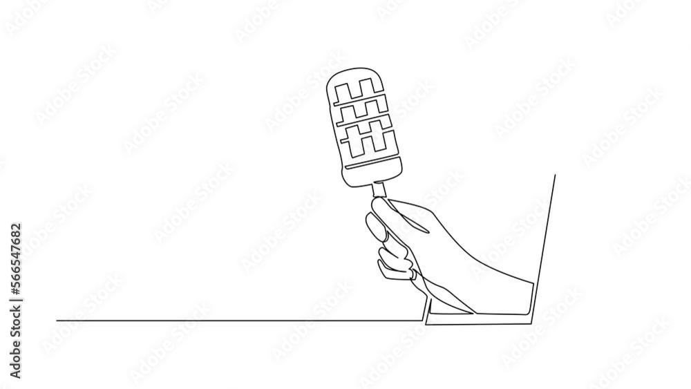 Poster self drawing animation of single line draw hand holding popsicle through mobile phone. concept of or