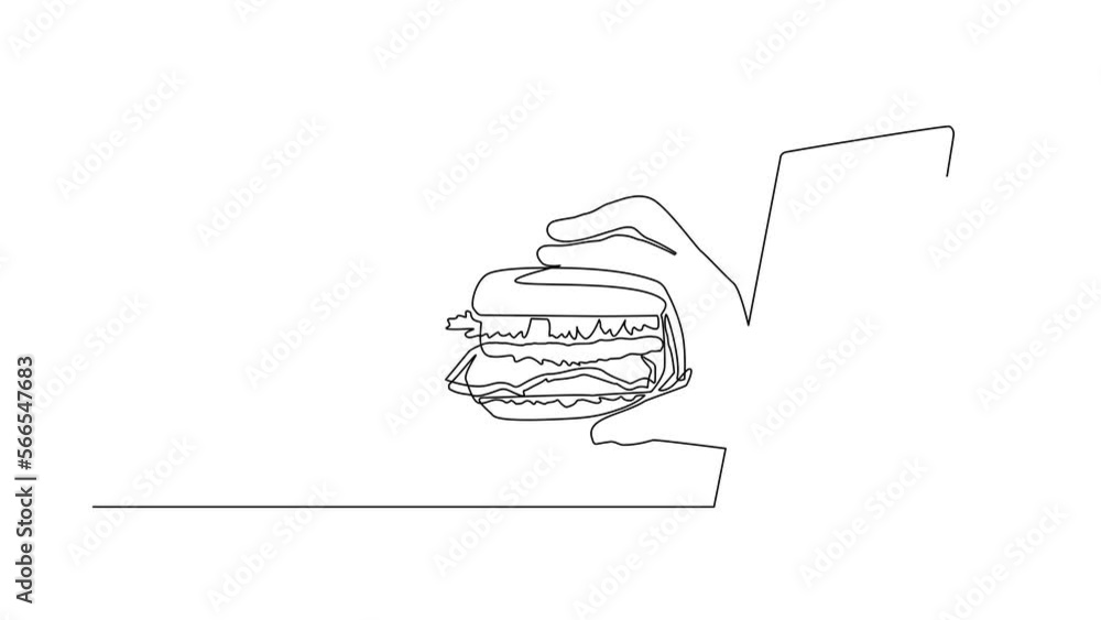 Aufkleber animated self drawing of continuous line draw hand holding burger through mobile phone. concept of r