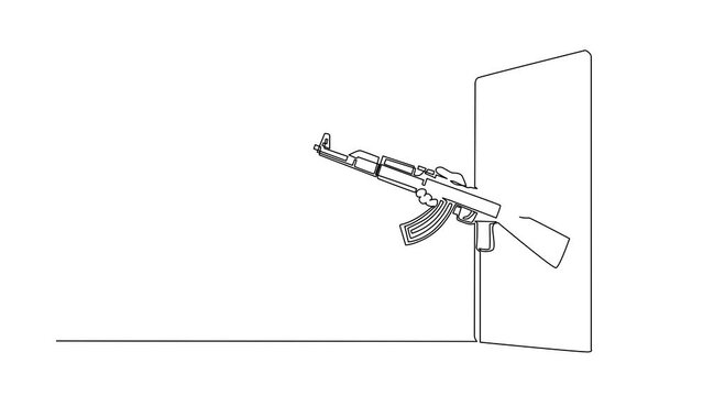 Self drawing animation of single line draw hand holding AK 47 kalashnikov rifle through mobile phone. Concept of battle games, e-sport, app for smartphones. Continuous line draw. Full length animated