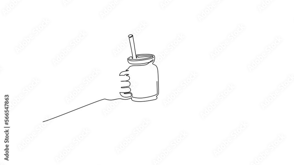 Poster animated self drawing of continuous line draw hand holding smoothie juice in cup with fruit slice on