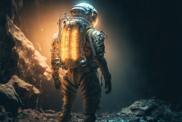 Fototapeta premium Firefly bacteria ghostly glow armor spacesuit on the surface of Europa. generative ai
