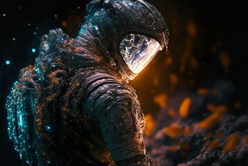 Firefly bacteria ghostly glow armor spacesuit on the surface of Europa. generative ai