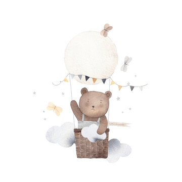 Naklejki Funny bear flies on balloons among clouds, stars, butterflies. Watercolor hand drawn illustration. Can be used for kid poster or card. 