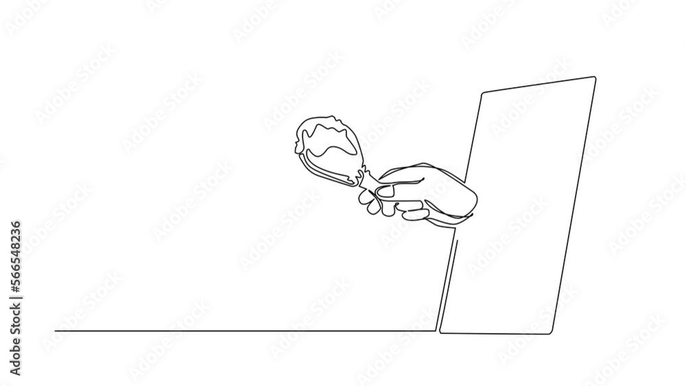 Aufkleber self drawing animation of single line draw hand holding pizza slice through mobile phone. concept of