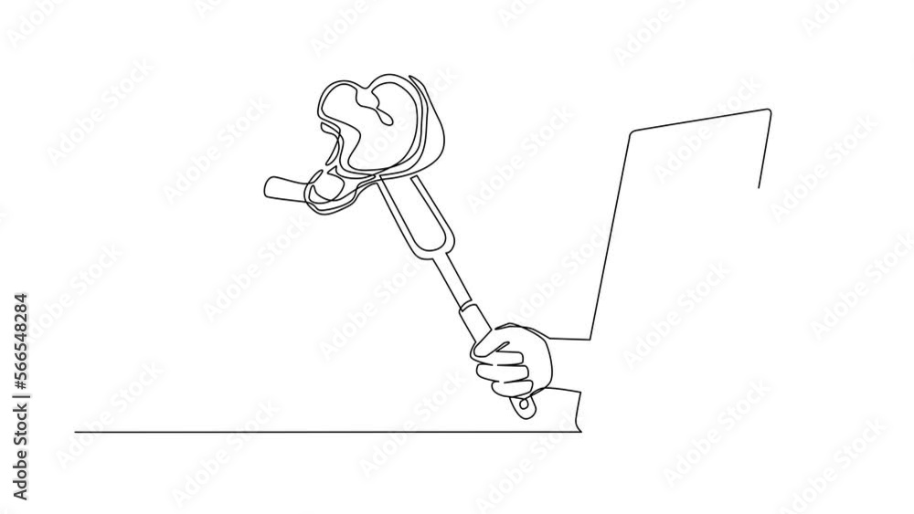 Aufkleber animated self drawing of continuous line draw hand holding steak on fork through mobile phone. conce