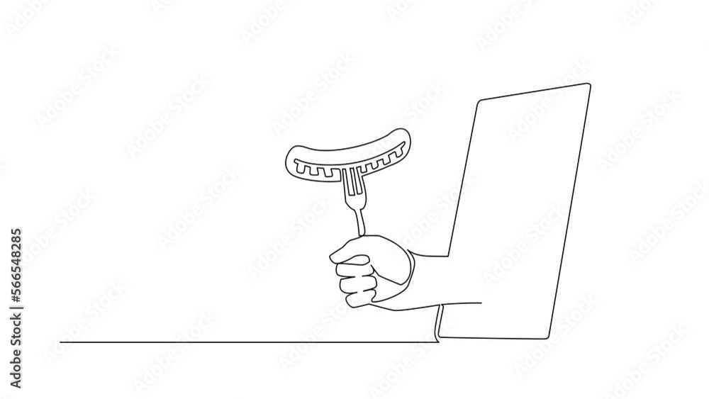 Poster animated self drawing of continuous line draw hand holding sausage on fork through mobile phone. con