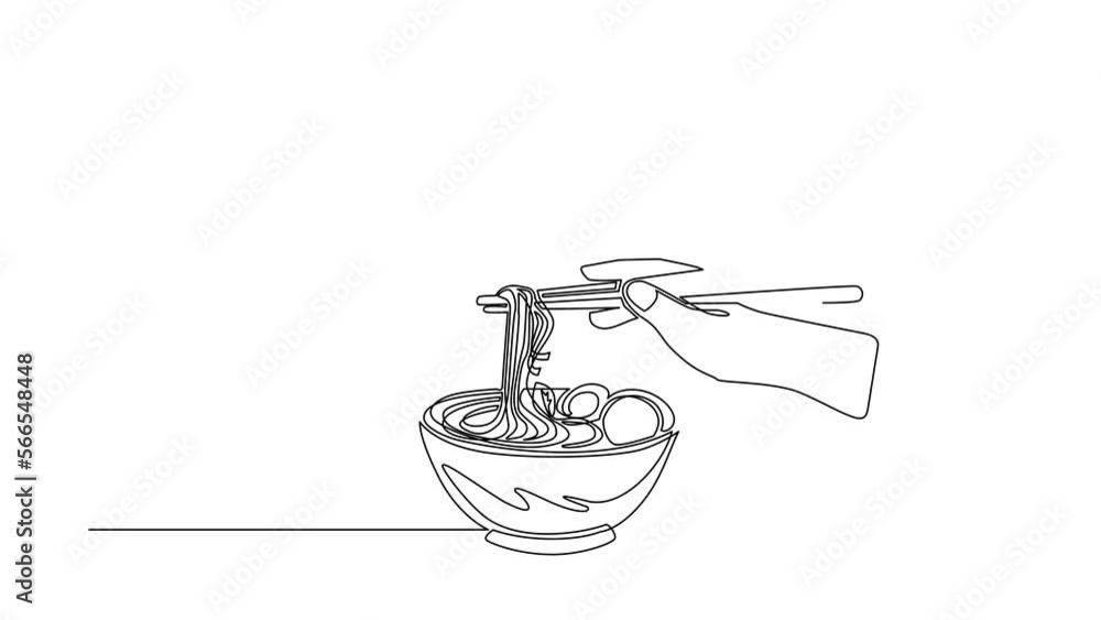 Poster animated self drawing of continuous line draw hand holding ramen with chopstick through mobile phone