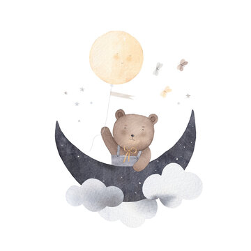 Naklejki Cute teddy bear with balloon on the moon. Watercolor hand drawn illustration. Can be used for kid poster or card. 