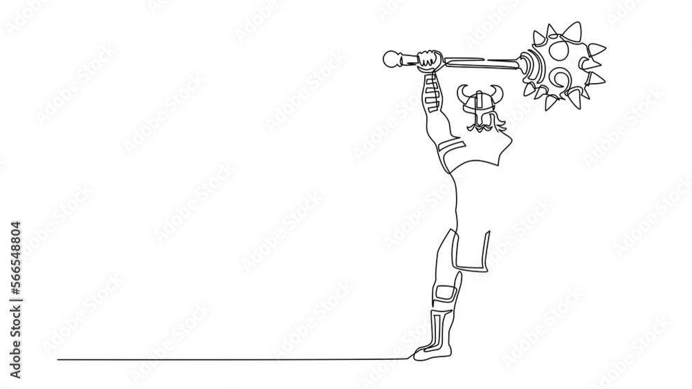 Poster animated self drawing of continuous line draw nordic holding mace up in air. vector of warrior weari