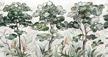 Japanese botanic wallpaper forest, seamless border with trees, watercolor drawing, painting, artwork detailed