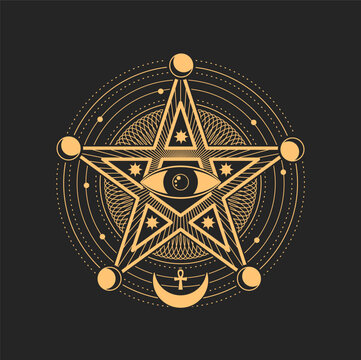 Esoteric occult symbol, magic tarot card vector sign. Eye of Providence inside of circle with pentagram star, crescent, moon and stars around. Spiritual mason or illuminati symbolic, amulet
