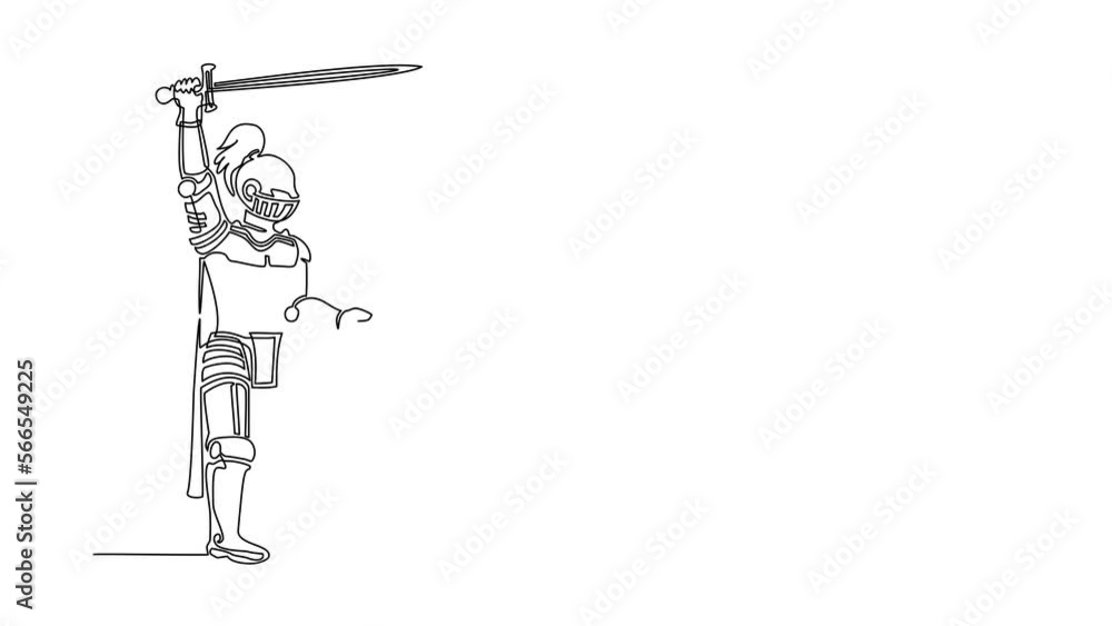 Poster animated self drawing of continuous line draw medieval knight standing in armor and helmet holding s